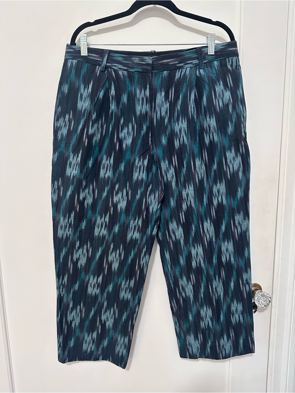 J. Crew navy/teal/burgundy Ikat print cropped tapered trouser - size 12